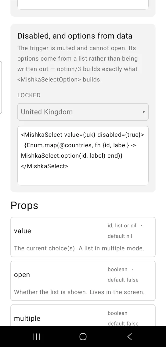 Disabled, and options from data card with a select captioned LOCKED showing United Kingdom in muted text with the list closed, in the MishkaMob showcase app on Android