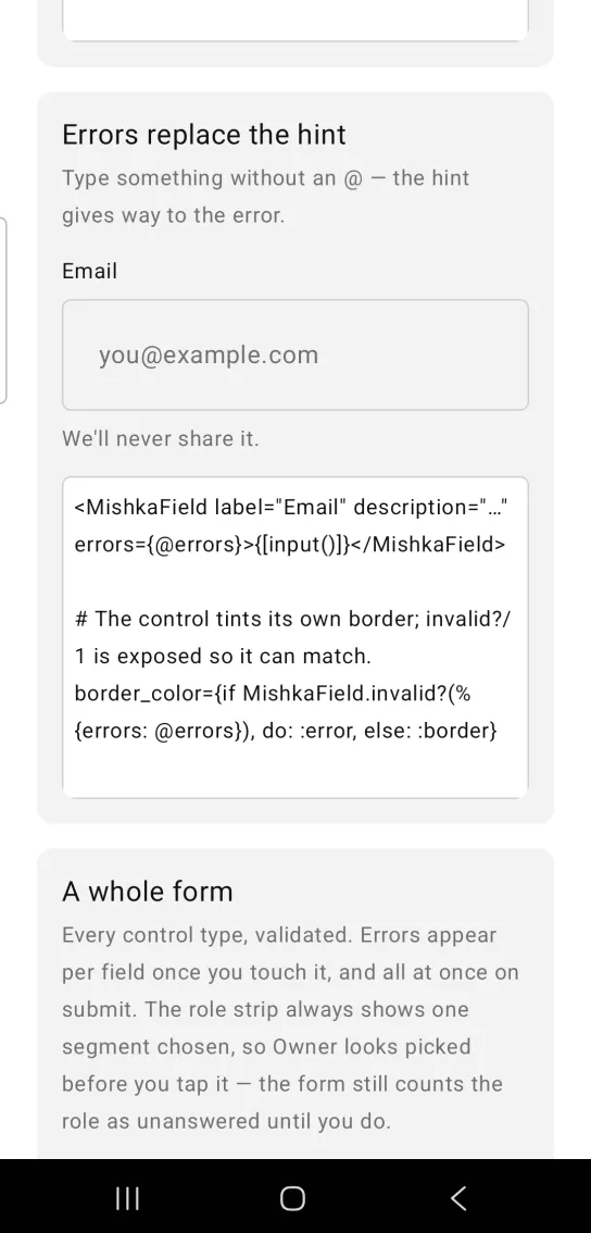 Field example card titled Errors replace the hint, with an Email label, a text box with the placeholder you@example.com and the hint We'll never share it. below, no error