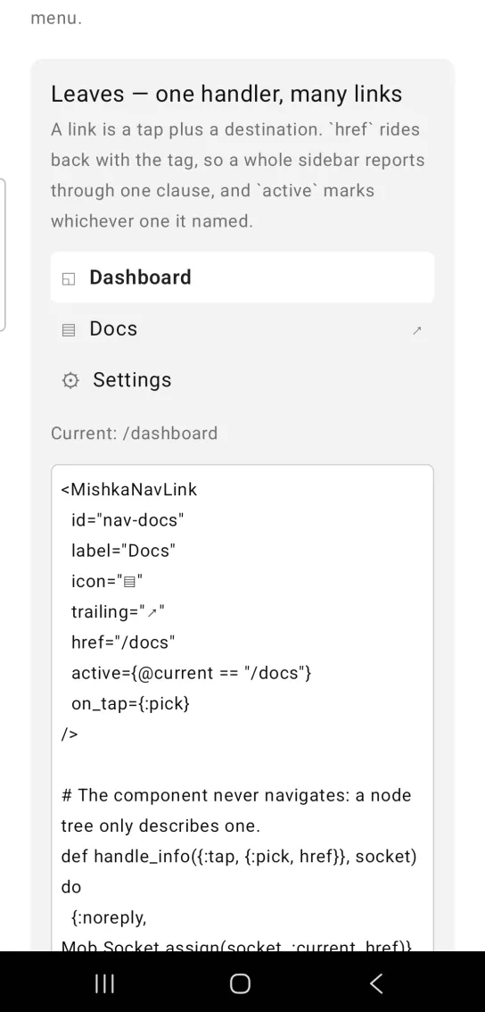 Nav link example card titled Leaves, one handler, many links, with rows Dashboard in bold on white, Docs with a trailing arrow and Settings, above the text Current: /dashboard