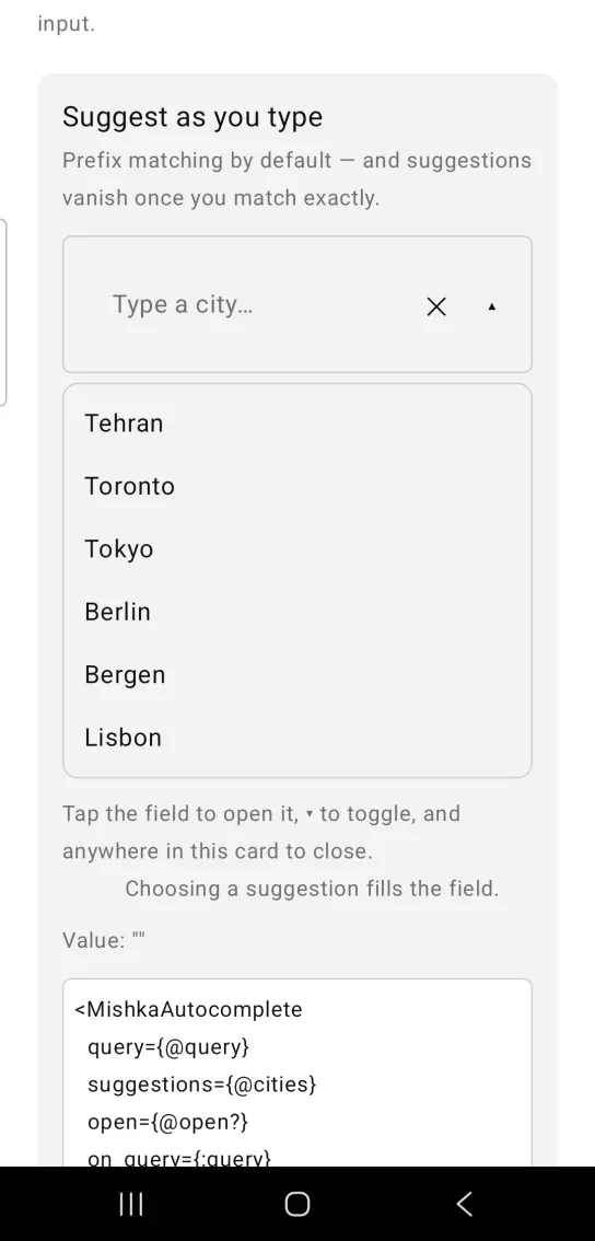 An autocomplete field with an open list of six cities from Tehran to Lisbon.