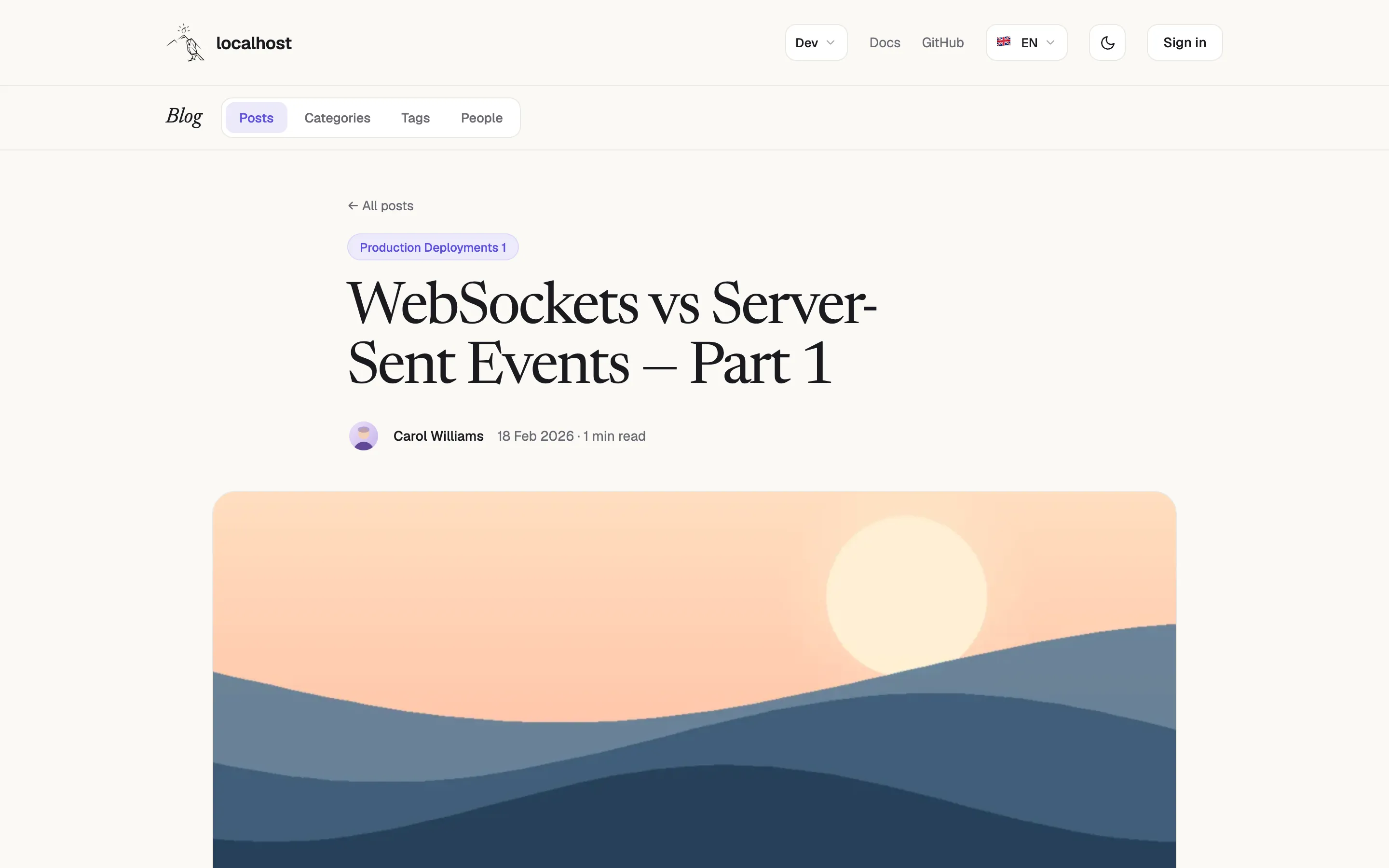 a blog post page with the Blog bar, the category, the title, the author with the date and reading time, and the cover image