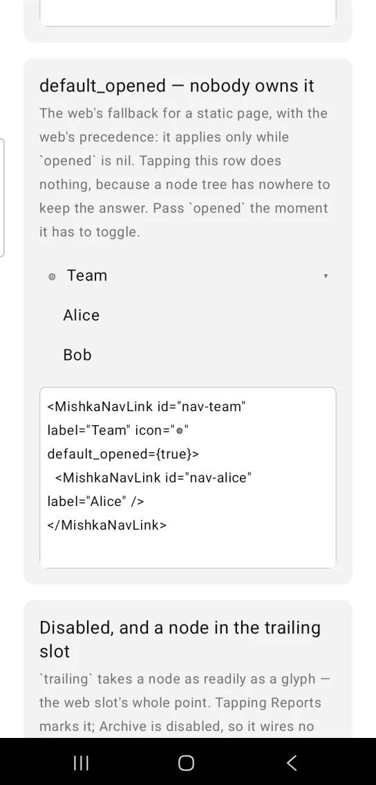 Nav link example card titled default_opened, nobody owns it, with a Team row showing a dot glyph and a down arrow, and the indented links Alice and Bob below