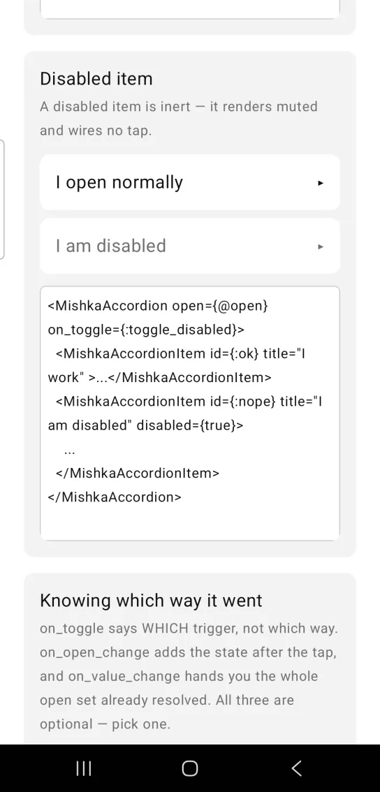 Accordion card titled Disabled item, with two closed rows: I open normally in dark text and I am disabled in muted gray, in the MishkaMob showcase app on Android