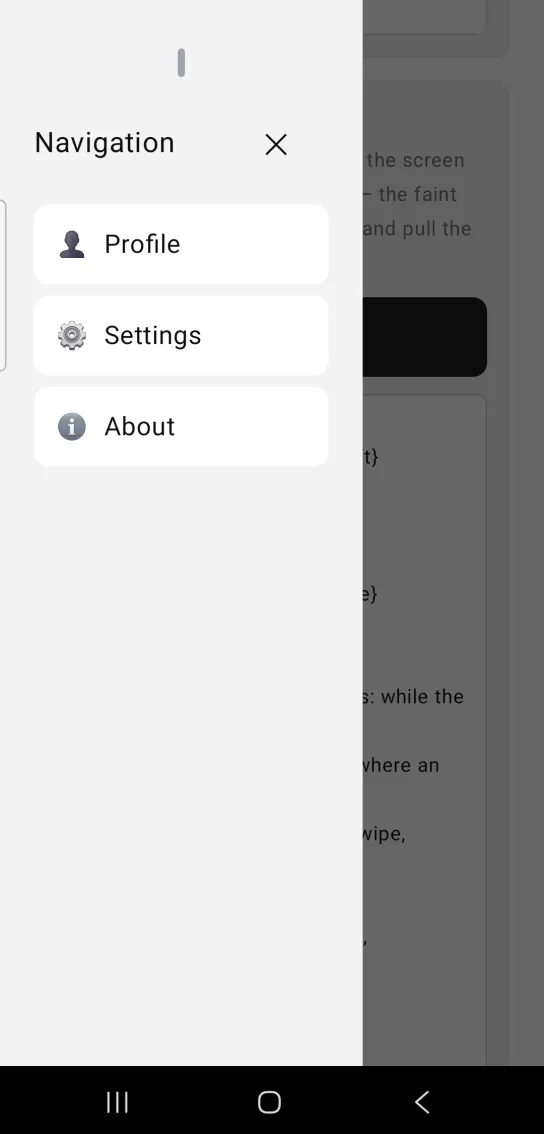 A narrow drawer titled Navigation on the left edge of the screen with a drag handle and three menu rows.