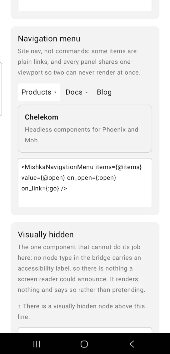 A navigation menu with Products open, showing the heading Chelekom and a short description.