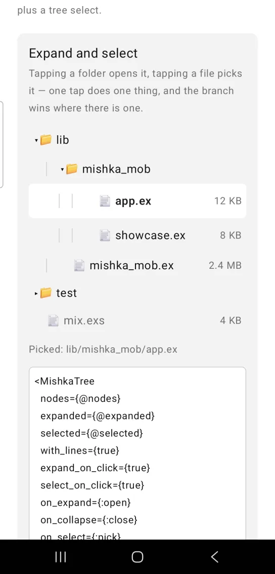 A file tree with lib and mishka_mob expanded, app.ex highlighted, and the line Picked: lib/mishka_mob/app.ex below.