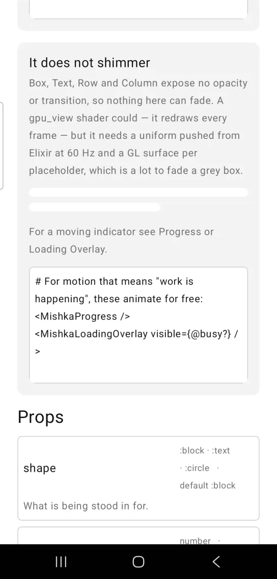 It does not shimmer card: two static pale Skeleton text bars and a gray note pointing to Progress and Loading Overlay, in the MishkaMob showcase app on Android