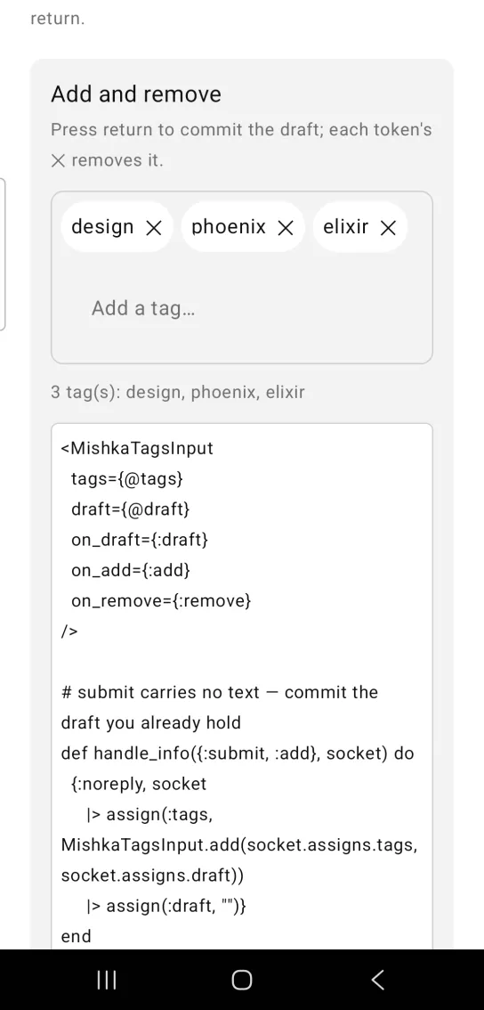 Add and remove card: a tags input with removable tags design, phoenix and elixir above the placeholder Add a tag, and a gray line counting 3 tags below