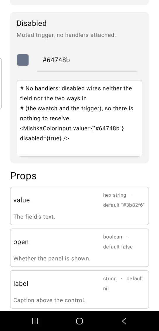 Card titled Disabled, with a color input showing a muted slate swatch beside the hex text #64748b over a faint underline, in the MishkaMob showcase app on Android