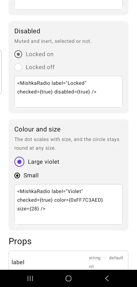 Disabled card with two muted radio rows, Locked on with a dot in its circle and Locked off with an empty circle, in the MishkaMob showcase app on Android