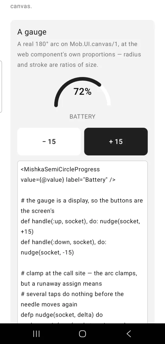 A gauge card with a half circle arc filled to 72%, the readout 72%, the caption BATTERY and white minus 15 and dark plus 15 buttons