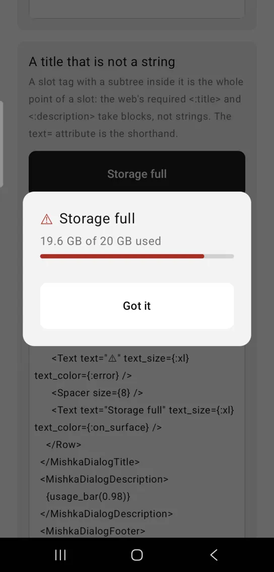 An alert dialog with a warning icon and the title Storage full, a red usage bar and a Got it button.