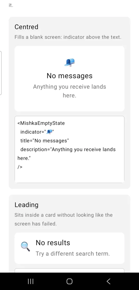 Empty state example card titled Centred, with a mailbox emoji above the heading No messages and the text Anything you receive lands here, in a white panel