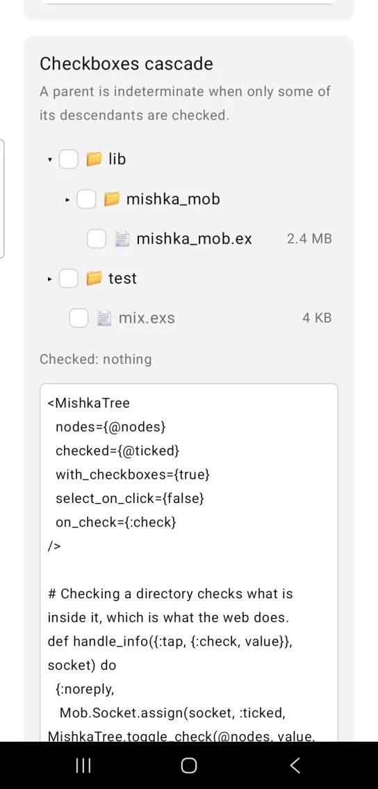 Checkboxes cascade card: a file tree with an unchecked checkbox on every row, folders lib and test and a dimmed mix.exs, above the gray text Checked: nothing