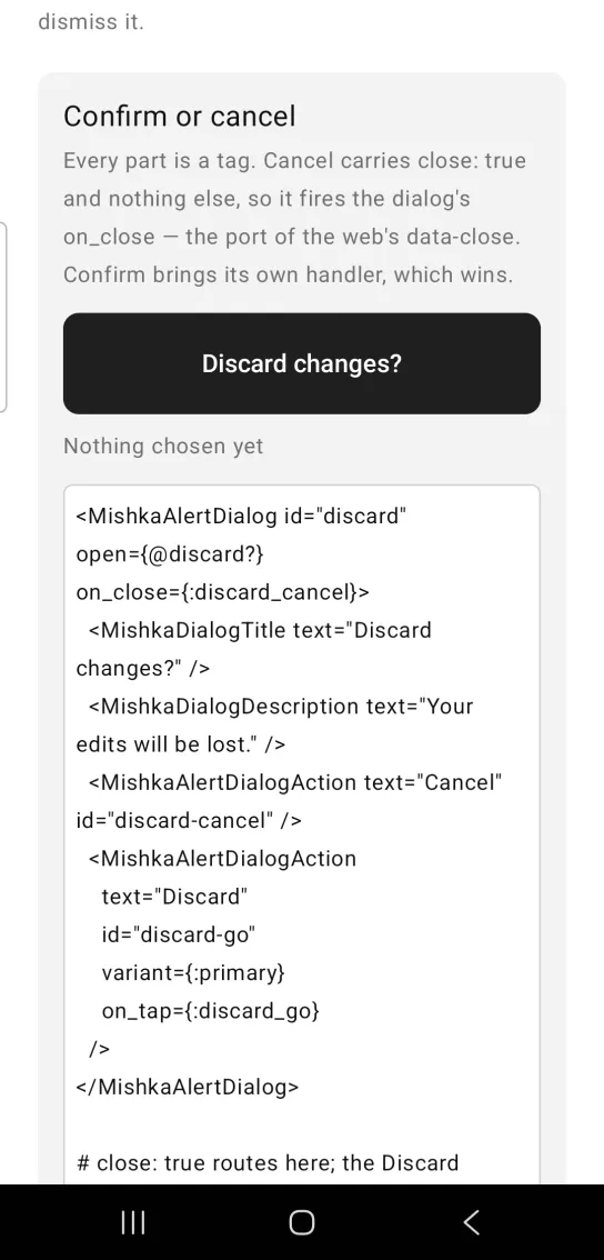 Card titled Confirm or cancel, with a dark full-width button labeled Discard changes? above the text Nothing chosen yet, the dialog closed, in the MishkaMob showcase app on Android