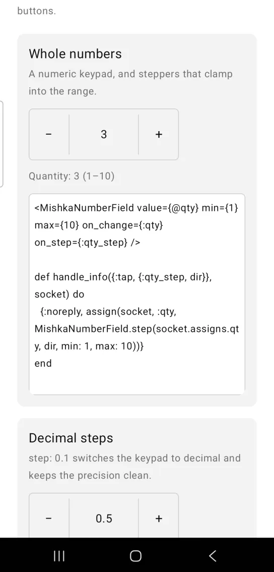 Whole numbers card with a number field showing 3 between minus and plus buttons, and the line Quantity: 3 (1 to 10) below, in the MishkaMob showcase app on Android