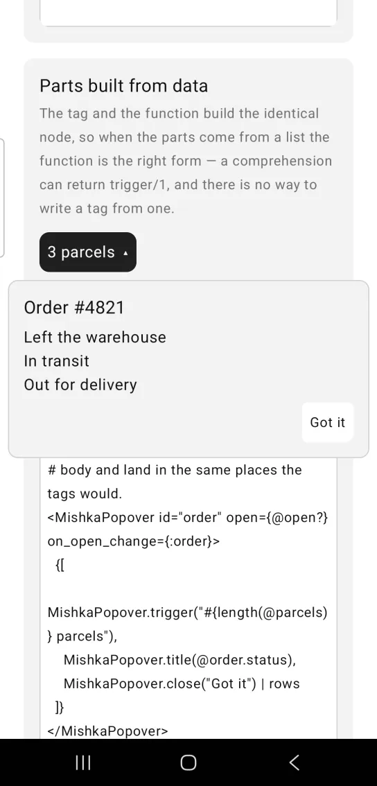 A popover panel titled Order #4821 listing Left the warehouse, In transit and Out for delivery, with a Got it button.