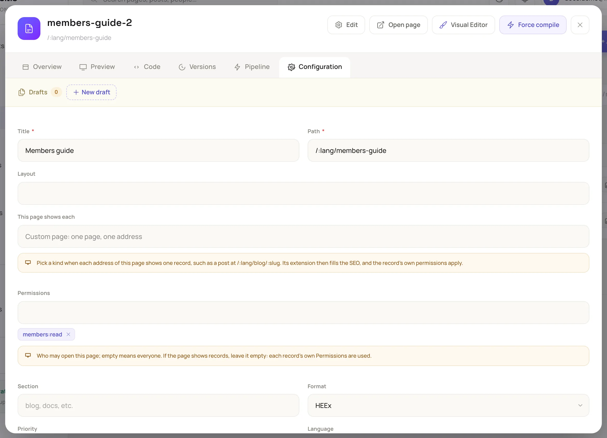 the Configuration tab of a page opened with Edit, with members:read in the Permissions field and the help text under it