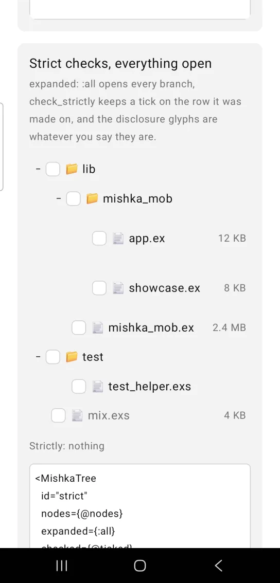 Strict checks, everything open card: a fully open file tree with an unchecked checkbox on every row, minus signs as disclosure glyphs and a wide indent, above Strictly: nothing