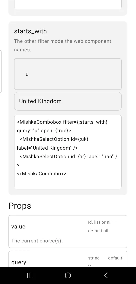 Card titled starts_with, with a Combobox with u typed and an open list showing only United Kingdom, in the MishkaMob showcase app on Android