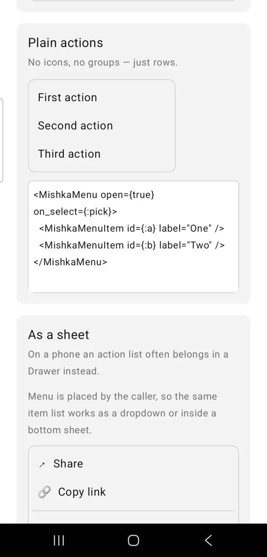 Menu example card titled Plain actions, with an open menu of three plain rows labeled First action, Second action and Third action in a narrow bordered panel