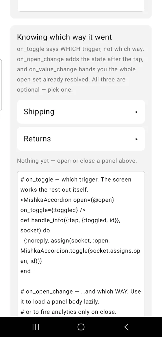 Accordion card titled Knowing which way it went, with two closed rows, Shipping and Returns, above a muted note saying nothing has been opened or closed yet