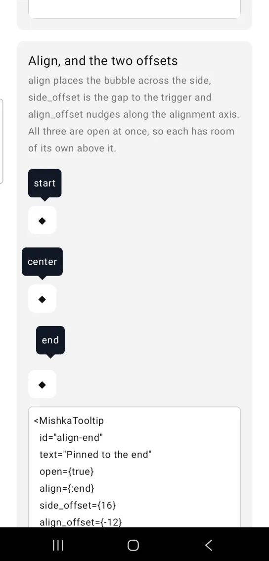 Align, and the two offsets card: dark hint bubbles reading start, center and end, each above its own icon button with room around it