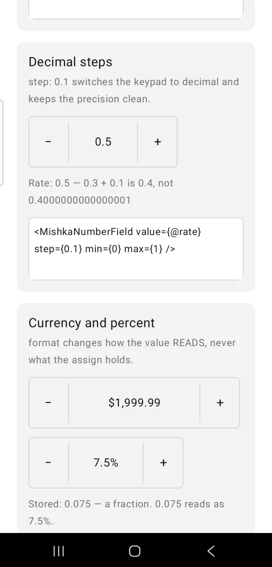 Decimal steps card with a number field showing 0.5 between minus and plus buttons, and a note that 0.3 + 0.1 is 0.4, in the MishkaMob showcase app on Android