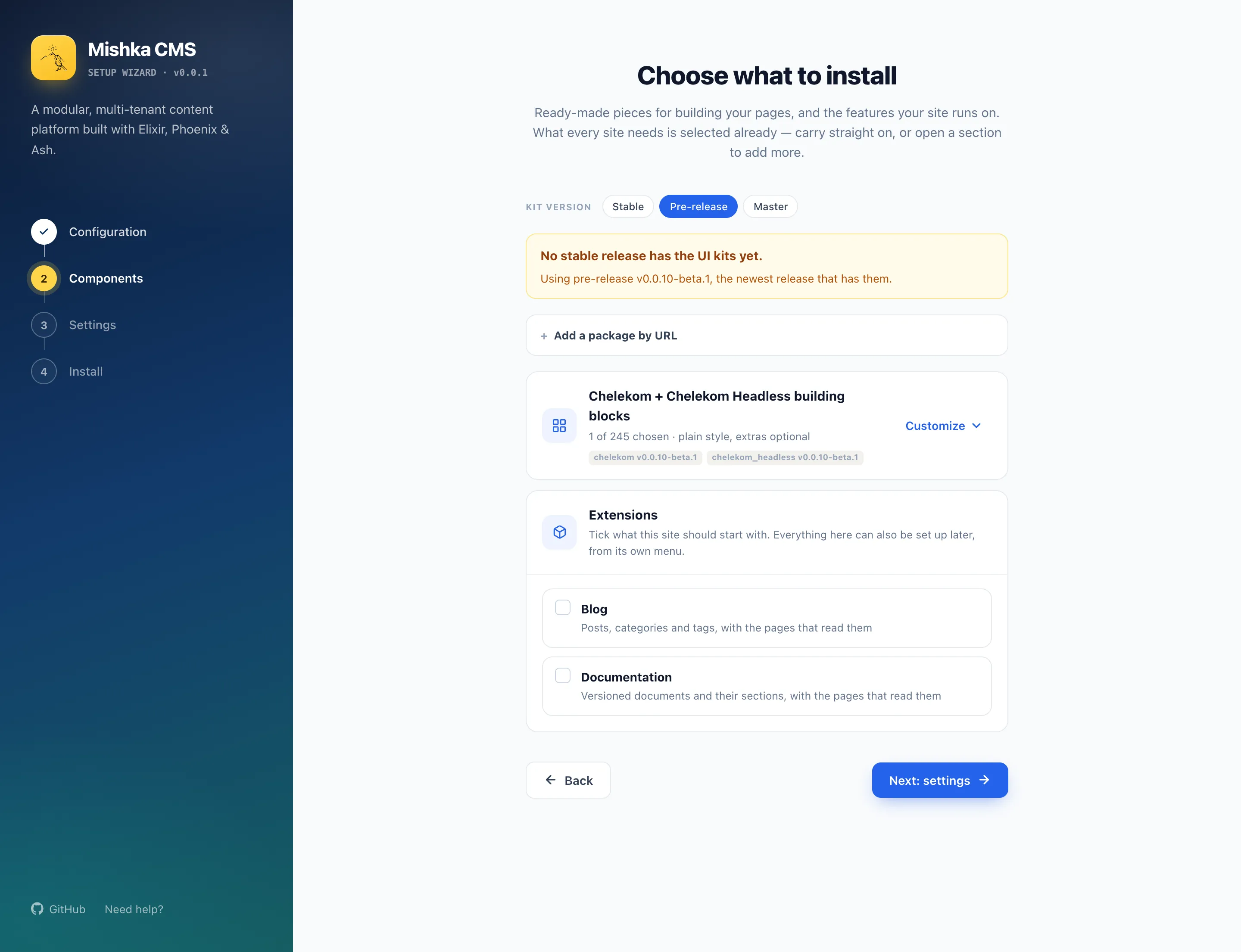 the Choose what to install step after the download, with the Kit version chips, the Add a package by URL row, the components card with its Customize button, and the Extensions card with Blog and Documentation