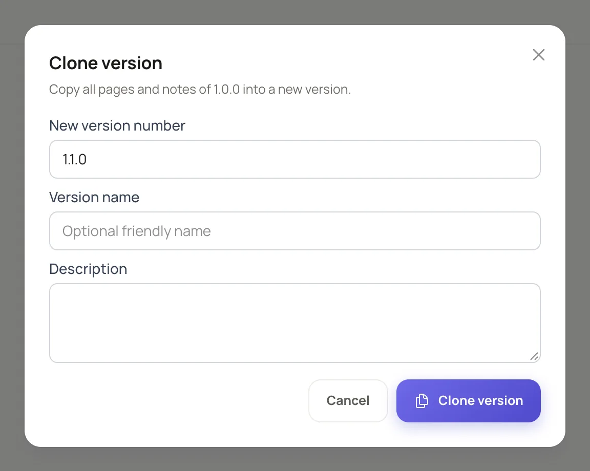 the Clone version dialog with the New version number field filled in and the Clone version button