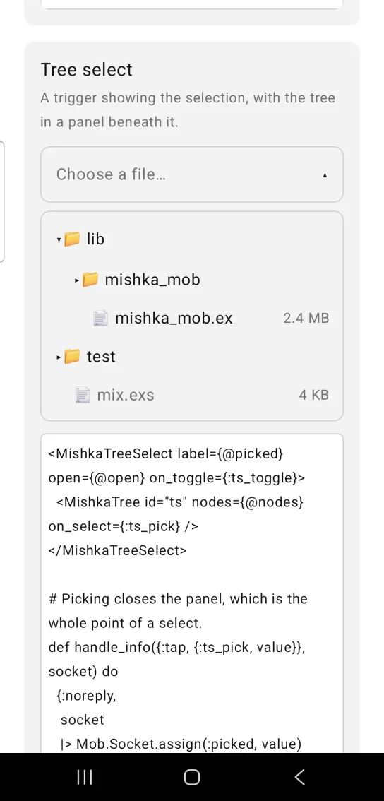 A tree select trigger with an open panel showing a file tree of lib, test and mix.exs.