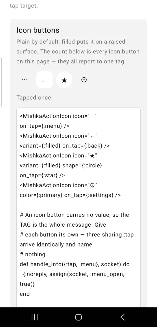 A row of four icon buttons and the line Tapped once below.