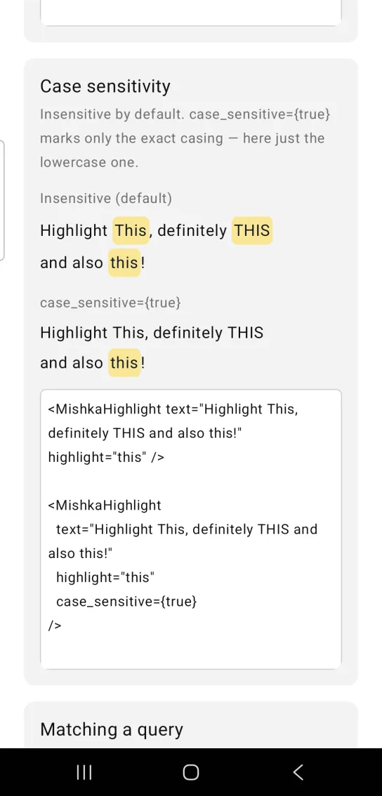 Highlight example card titled Case sensitivity, with the same sentence twice: the Insensitive (default) copy marks This, THIS and this, and the case_sensitive={true} copy marks only this