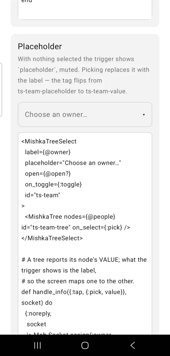 Placeholder card: a closed tree select trigger showing the muted placeholder Choose an owner with a small down caret, in the MishkaMob showcase app on Android