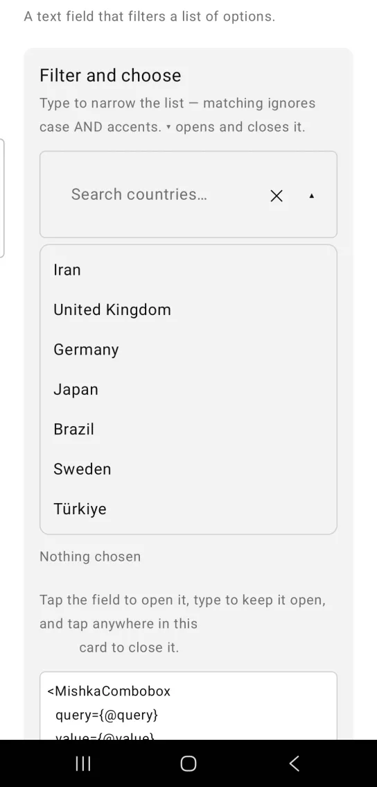 A combobox with a search field and an open list of seven countries from Iran to Türkiye.