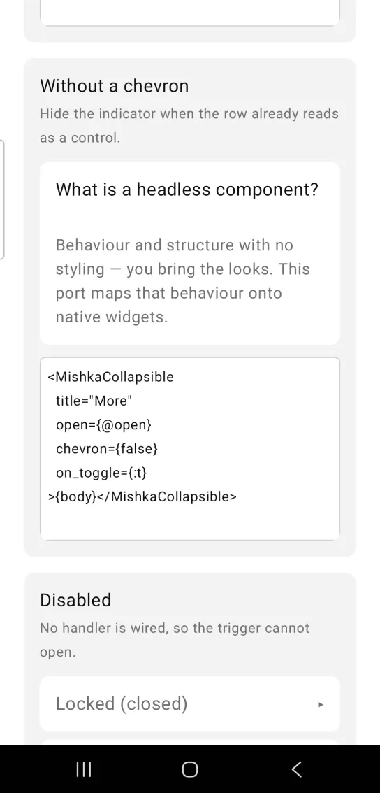 A collapsible titled What is a headless component? expanded with a short paragraph underneath.