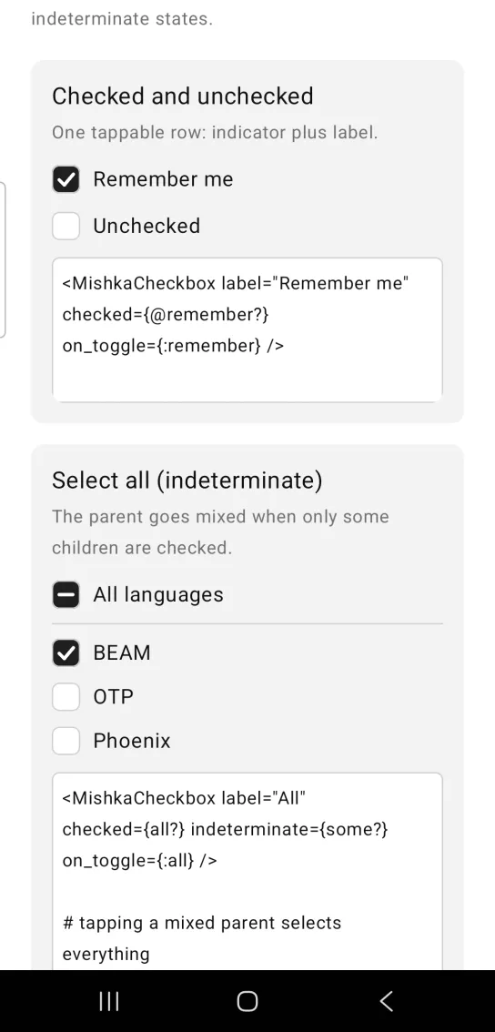Card titled Checked and unchecked, with two checkbox rows: Remember me with a tick in a dark filled box and Unchecked with an empty box