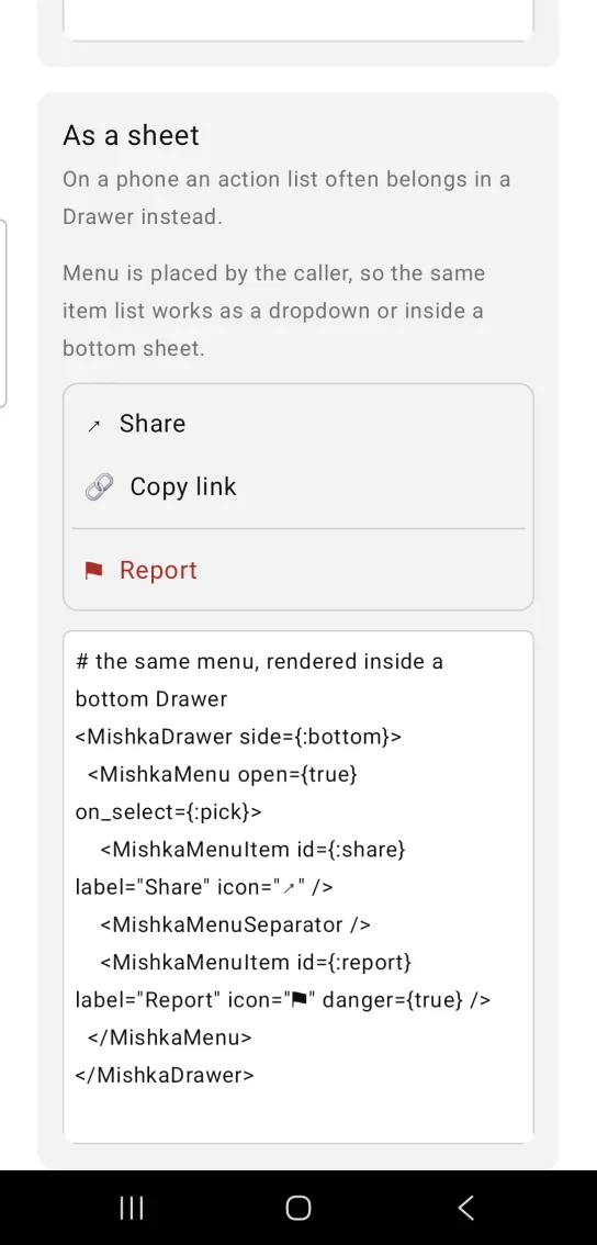 Menu example card titled As a sheet, with an open menu listing Share, Copy link and Report, a divider above Report and Report in red with a flag icon