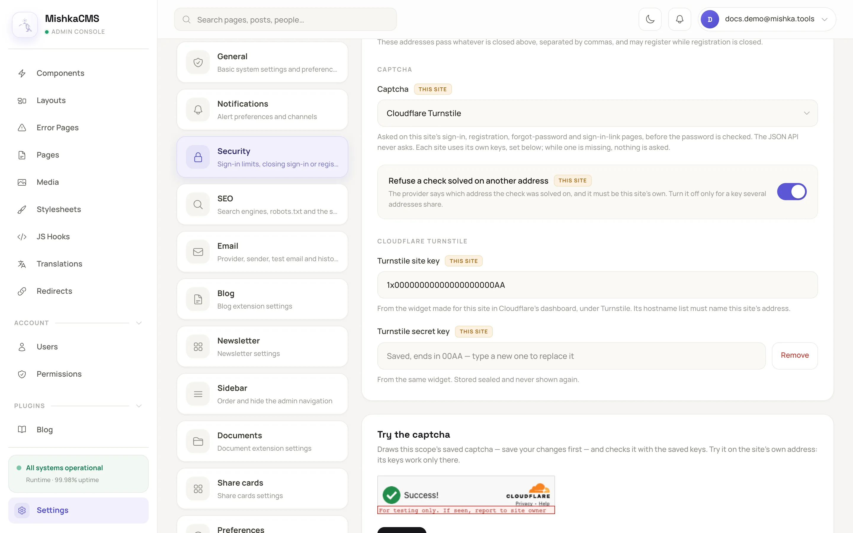 the Captcha group with Cloudflare Turnstile chosen, its two key fields and the Try the captcha panel below