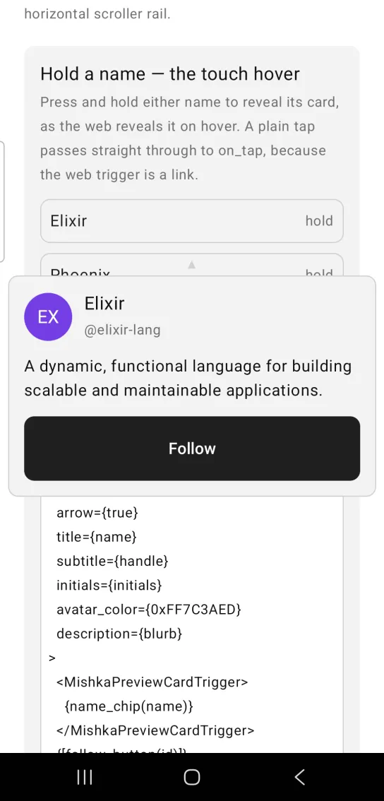 A preview card for Elixir with a violet EX avatar, the handle @elixir-lang, a short description and a Follow button.
