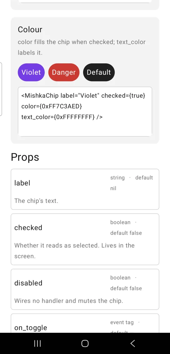 Card titled Colour, with three selected chips in white text: Violet on violet, Danger on red and Default on near black, in the MishkaMob showcase app on Android