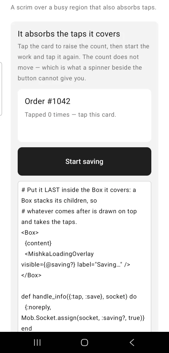 Loading overlay example card titled It absorbs the taps it covers, with a white Order #1042 card reading Tapped 0 times and a dark Start saving button