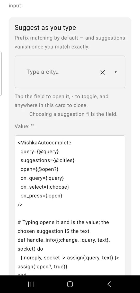 Card titled Suggest as you type, with an empty Autocomplete field showing the placeholder Type a city, a clear X and a down arrow, and the list closed