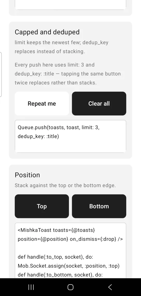 Capped and deduped card: a gray note about limit 3 and dedup_key title, a white Repeat me button and a black Clear all button