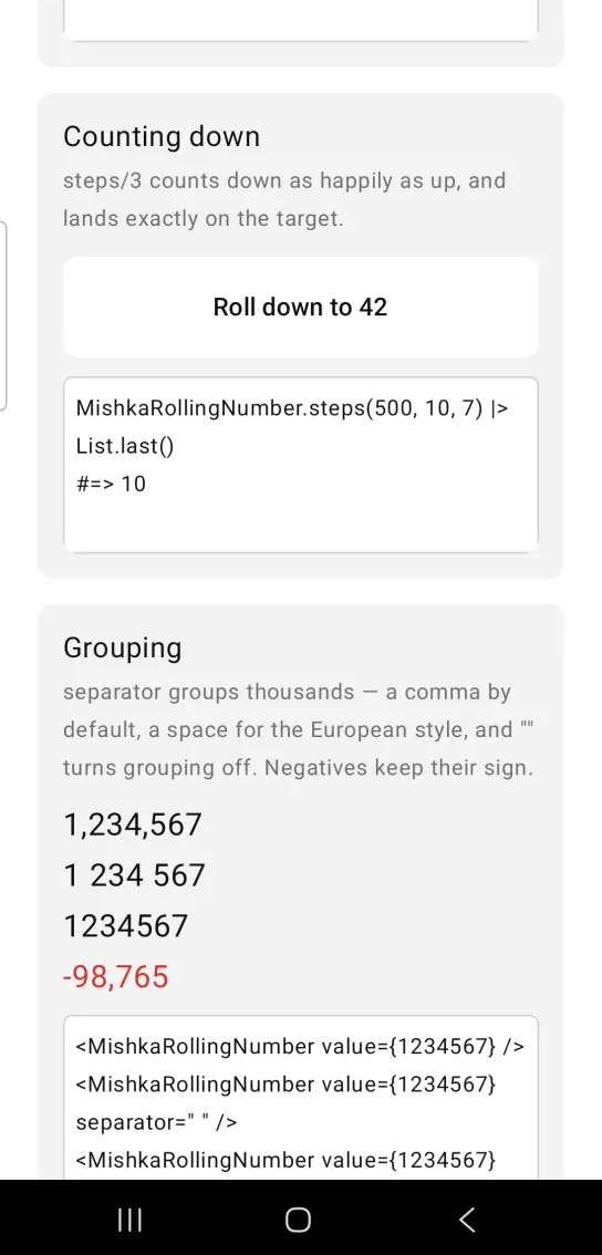 Counting down card with one full width white button labeled Roll down to 42, which rolls the number in the card above, in the MishkaMob showcase app on Android