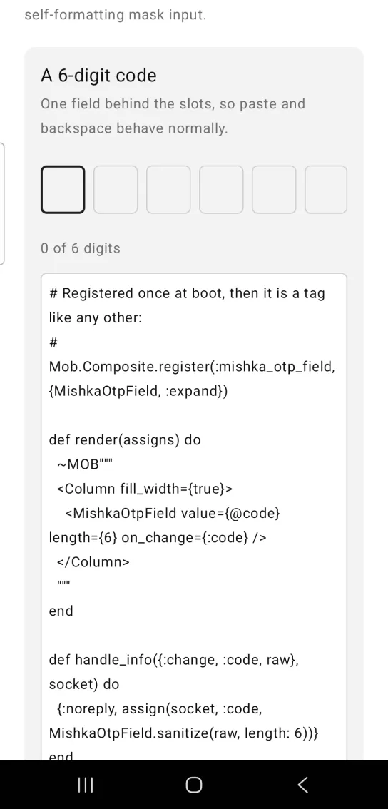 A 6-digit code card with six empty one-time-code boxes, the first focused, and the line 0 of 6 digits below, in the MishkaMob showcase app on Android