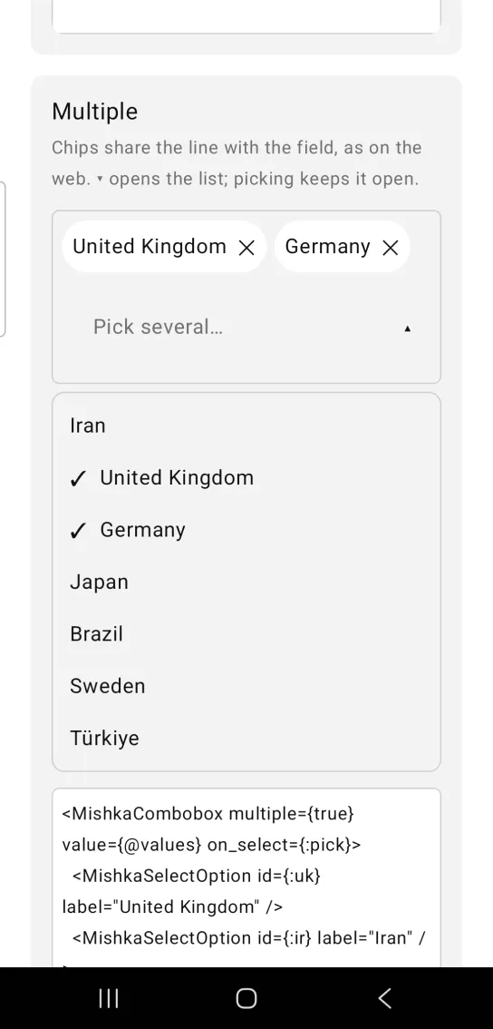 A combobox with chips for United Kingdom and Germany and an open country list with those two ticked.