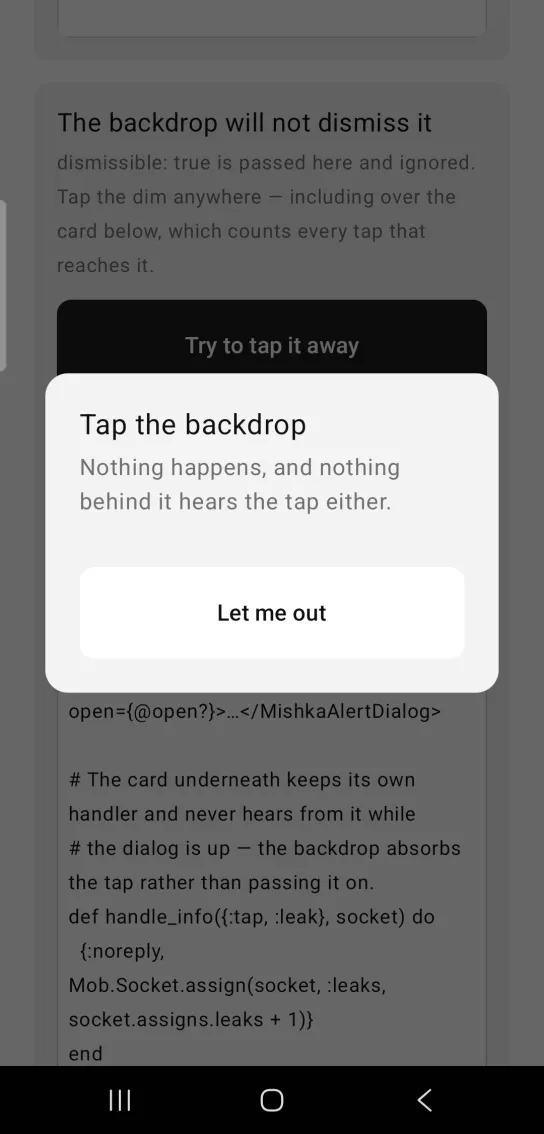 An alert dialog titled Tap the backdrop with a Let me out button over a dimmed page.