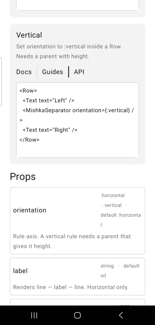 Vertical card with Docs, Guides and API in a row, divided by a thin gray vertical rule and a thicker near black one, in the MishkaMob showcase app on Android