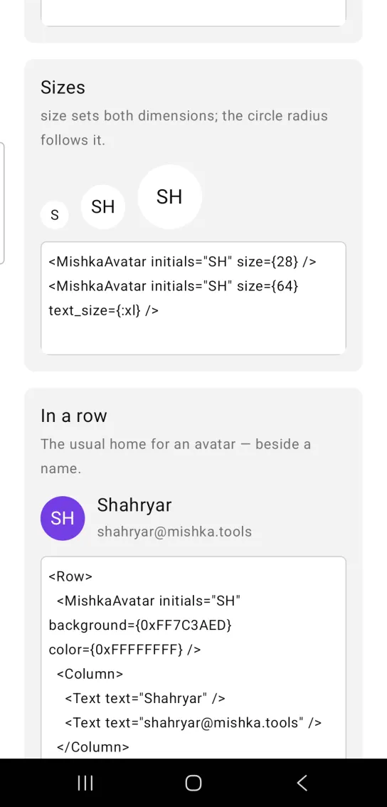 Card titled Sizes, with three white circular avatars lined up along the bottom and growing in size: a small S, a medium SH and a large SH